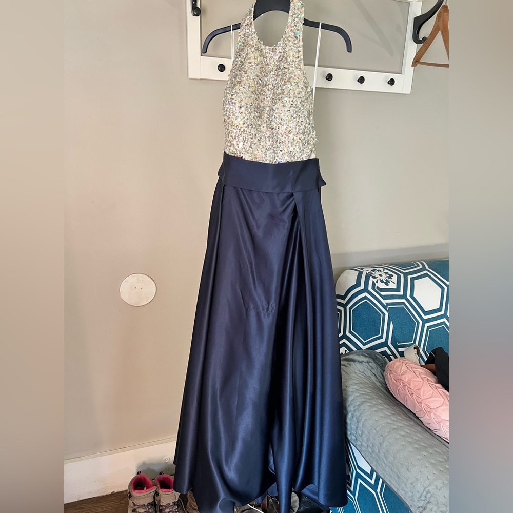 Navy blue and silver sequin prom dress